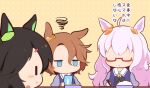  3girls :t animal_ears bandaid bandaid_on_cheek bandaid_on_face biwa_hayahide_(umamusume) black_bow black_hair blue_eyes blue_shirt blush bow bowl brown_background brown_hair cellphone chibi chopsticks closed_mouth eating gomashio_(goma_feet) hair_between_eyes hair_ornament hairclip holding holding_chopsticks holding_phone horse_ears jitome long_hair multiple_girls narita_taishin_(umamusume) parted_bangs phone pink_hair polka_dot polka_dot_background profile puffy_short_sleeves puffy_sleeves rice rice_bowl school_uniform shirt short_sleeves simple_background squiggle tracen_school_uniform translation_request umamusume upper_body very_long_hair winning_ticket_(umamusume) 