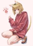  1girl animal_ears animal_hands blonde_hair blush cat_ears cat_paws cat_tail chainsaw_man character_name deyo_(nicijyou) drawn_whiskers fang highres hood hoodie looking_at_viewer multicolored_hair red_eyes red_hoodie sawatari_akane_(chainsaw_man) short_shorts shorts simple_background skin_fang sleeves_past_wrists slit_pupils solo squatting tail tail_raised two-tone_hair 