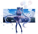  1girl :d absurdres ahoge balloon bare_shoulders black_footwear black_skirt black_sleeves blue_eyes blue_flower blue_hair blue_rose blue_sky boots building cloud collared_shirt commentary_request danjou_sora day detached_sleeves flower full_body hair_between_eyes hatsune_miku highres hugging_object long_hair long_sleeves looking_at_viewer petals pleated_skirt power_lines reflection rose shirt skirt sky sleeveless sleeveless_shirt smile solo standing thigh_boots transmission_tower very_long_hair vocaloid white_background white_shirt wide_sleeves 