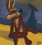 3_toes anthro belly bent_legs biped black_eyes black_nose brown_body brown_fur canid canine canis countershade_torso countershading coyote crossed_legs desert draconis0868 feet fur half-closed_eyes hi_res knees_bent looney_tunes lost_in_thought male mammal narrowed_eyes nude pecs pinup pose shaded sitting solo tan_belly tan_body tan_fur toes warner_brothers wile_e._coyote yellow_sclera