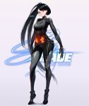  1girl asymmetrical_hair black_hair blunt_bangs bodysuit breasts cesar_art456 eve_(stellar_blade) full_body gloves glowing_bodysuit grey_background highres long_hair looking_at_viewer multicolored_clothes official_alternate_costume official_alternate_hairstyle ponytail simple_background skin_tight solo standing stellar_blade thighs very_long_hair 
