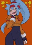  1girl absurdres ashe_(mega_man) black_bodysuit blue_hair blush bodysuit buzzlyears covered_navel cropped_jacket green_eyes high_ponytail highres light_blue_hair long_hair looking_at_viewer mega_man_(series) mega_man_zx mega_man_zx_advent navel no_pants orange_background saliva sharp_teeth simple_background solo teeth 