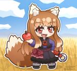  1girl 2023 :d animal_ear_fluff animal_ears apple black_skirt black_vest blue_shirt blunt_bangs blush_stickers bow brown_hair chibi colored_eyelashes commentary_request dated day food fruit fur-trimmed_skirt fur-trimmed_vest fur_trim hand_on_own_hip hand_up happy holding holding_food holding_fruit holo long_hair long_sleeves looking_at_viewer native open_clothes open_mouth open_vest outdoors red_apple red_bow red_eyes shirt sidelocks skirt smile solo spice_and_wolf standing tail twitter_username vest wheat_field wolf_ears wolf_girl wolf_tail 