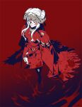  1girl ape blood blood_on_clothes blood_on_face byuub closed_eyes double_bun doughnut_hair_bun edelgard_von_hresvelg fire_emblem fire_emblem:_three_houses from_above full_body hair_bun red_background solo white_hair 