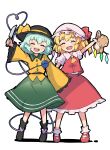  2girls :d ^_^ absurdres ascot black_footwear black_hat blonde_hair closed_eyes commentary_request crystal facing_viewer fang flandre_scarlet full_body green_hair green_skirt hat hat_ribbon heart heart_of_string highres holding holding_knife holding_stuffed_toy knife komeiji_koishi long_sleeves miz_(mizillustration) mob_cap multiple_girls one_side_up open_mouth red_footwear red_skirt red_vest ribbon shirt short_hair simple_background skirt smile socks standing stuffed_animal stuffed_toy teddy_bear teeth third_eye touhou upper_teeth_only vest white_background white_hat white_shirt white_socks wide_sleeves wings yellow_ascot yellow_ribbon yellow_shirt 