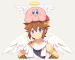 alien angel blue_eyes brown_hair clothing crossover duo feathered_wings feathers hair humanoid kid_icarus kirby kirby_(series) light_body light_skin looking_at_viewer male nintendo not_furry open_mouth open_smile pink_body pit_(kid_icarus) simple_background smile waddling_head winged_humanoid wings wusagi2