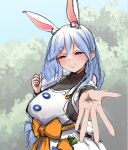  1girl animal_ear_fluff animal_ears black_bodysuit blue_hair blush bodysuit bow braid braided_ponytail carrot_in_pocket detached_sleeves dress hair_bow hair_ornament hololive kaeru-taro long_hair mature_female outstretched_hand pekomama rabbit_ears rabbit_girl rabbit_tail red_eyes short_eyebrows smile solo tail virtual_youtuber white_dress white_hair white_sleeves 