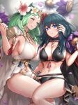  2girls abs absurdres alternate_costume bangs bikini black_bikini blue_eyes blue_hair blush breast_press breasts byleth_(female)_(fire_emblem) byleth_(female)_(summer)_(fire_emblem) byleth_(fire_emblem) cape cleavage closed_mouth dagger exercise fire_emblem fire_emblem:_three_houses fire_emblem_heroes flower forehead gonzarez green_eyes green_hair hair_between_eyes hair_flower hair_ornament hand_on_another&#039;s_face hand_on_another&#039;s_head hibiscus highres holding huge_breasts knife large_breasts long_hair looking_at_another looking_to_the_side lying multiple_girls navel official_alternate_costume parted_lips petals pink_lips red_flower revision rhea_(fire_emblem) rhea_(summer)_(fire_emblem) sheath sheathed sideboob smile sweat sweatdrop swimsuit thighs weapon weightlifting white_bikini white_cape white_flower yuri 