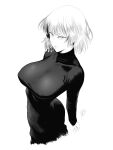  1girl absurdres arms_behind_back ass black_dress breasts dress from_above fubuki_(one-punch_man) highres huge_ass large_breasts light_smile looking_at_viewer monochrome mostlybluewyatt one-punch_man short_hair simple_background smile solo standing upper_body v-shaped_eyebrows white_background white_hair 