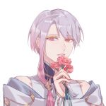  1boy carnation chinese_clothes eyeshadow flower gold_trim gradient_hair highres holding holding_flower hu-geng_(the_tale_of_food) long_sleeves looking_at_viewer low-tied_sidelocks makeup male_focus multicolored_hair off_shoulder otsuatsushi parted_lips pink_eyes pink_flower pink_hair portrait robe shirt short_hair simple_background single_sidelock sleeveless sleeveless_shirt swept_bangs the_tale_of_food white_background white_hair white_robe white_shirt yellow_eyeshadow 