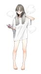  1girl after_bathing bare_legs barefoot cellphone elbow_blush feet highres legs light_brown_eyes light_brown_hair long_hair looking_at_object no_pants original oversized_clothes oversized_shirt phone shirt short_sleeves simple_background smartphone solo towel white_background white_shirt yomu_(sgt_epper) 