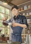  1boy apron bag barista black_hair black_pants black_shirt blue_apron bottle cafe closed_mouth coffee coffee_beans coffee_grinder coffee_pot collared_shirt copyright_notice counter cowboy_shot cup hanging_light highres holding holding_coffee_pot holding_cup jiwataneho kettle looking_at_object male_focus muntins nijisanji official_art open_collar pants paper_bag plate plate_stack pouring sample_watermark sanpaku shelf shirt short_bangs short_hair sleeves_rolled_up smile solo standing tray tree virtual_youtuber watermark window yashiro_kizuku 