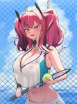 1girl :d azur_lane ball bangs bare_shoulders blue_sky blush breasts bremerton_(azur_lane) cleavage cloud fence groin highres jewelry large_breasts long_hair looking_at_viewer midriff mole mole_on_breast navel necklace open_mouth pink_eyes pink_hair racket sky smile solo sportswear tennis_ball tennis_racket tennis_uniform twintails yzr_(yzr99) 