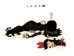  2girls :3 black_dress black_hair bow dress exhausted family_guy_death_pose_(meme) giving_up_the_ghost hair_bow highres long_dress long_hair meme multiple_girls noss_(rariatto) original pantyhose rariatto_(ganguri) red_bow red_pantyhose simple_background sleeping striped striped_pantyhose translation_request white_background zakuro_(rariatto) 