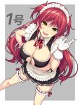  1girl border bow bowtie breasts cage_unlimited cleavage cleavage_cutout clothing_cutout commentary_request dress frilled_dress frills gloves grey_background large_breasts long_hair looking_at_viewer maid maid_headdress midriff open_mouth original red_bow red_bowtie red_hair shiny_skin smile solo sparkling_eyes tongue unconventional_maid white_background white_border white_gloves yellow_eyes 