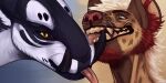  2:1 anthro beard black_sclera black_teeth blep brown_body brown_fur cheek_tuft duo facial_hair facial_spots facial_tuft fur glistening glistening_eyes goatee green_eyes hair hyena inner_ear_fluff licking licking_another male mammal mouth_closed narrowed_eyes open_mouth red_beard red_inner_ear_fluff red_nose red_tongue riorix simple_background spotted_face spotted_neck tan_body tan_fur tan_teeth tongue tongue_out tuft tusks unsigned white_body white_fur white_hair yellow_eyes 