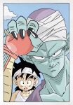  alien apple black_hair blue_sky child colored_skin dragon_ball dragon_ball_z fight_club food fruit green_skin highres namekian open_mouth piccolo sky smile son_gohan spiked_hair wesatinthecar 