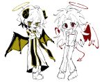  2boys angel_wings bat_wings blush_stickers chinese_commentary closed_mouth commentary_request crossed_arms demon_tail halo hatsutori_hajime highres hood hood_down hooded_robe horizontal_pupils horns jiekuijiangshadaonijiamenkou long_hair long_sleeves male_focus multiple_boys open_mouth parted_bangs robe saibou_shinkyoku simple_background sketch smile spot_color stole tail utsugi_noriyuki white_background wings 
