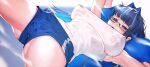 1girl armpits ass bangs blue_eyes blue_hair blunt_bangs blush breasts cameltoe glasses hololive hololive_english long_hair mole mole_on_thigh official_alternate_costume ouro_kronii pussy_juice rat_huang shorts solo spread_legs spread_pussy_under_clothes sweat virtual_youtuber wet wet_clothes 
