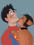 alien alien_hybrid anthro bell bell_collar black_hair blue_eyes brown_body brown_fur collar damian_wayne dc_comics domestic_cat duo face_lick felid feline felis fernypaw fur green_eyes hair human interspecies jewelry jon_kent licking male male/male mammal necklace purring robin_(dc) superboy superman tongue