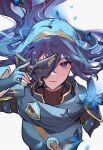  1girl blue_cape blue_eyes blue_gloves blue_hair bug butterfly cape closed_mouth english_commentary fingerless_gloves fire_emblem fire_emblem_awakening floating_hair gloves hair_between_eyes highres holding holding_mask long_hair long_sleeves looking_at_viewer lucina_(fire_emblem) lunachaili mask removing_mask solo tiara upper_body 