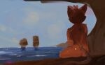  ambiguous_gender anthro butt colored_sketch fur hi_res male_(lore) nude obscured_eyes orange_body orange_fur oselotti oselotti_(character) rear_view seaside signature sitting sketch solo 