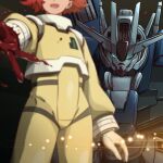  1girl aqua_eyes blood blood_on_clothes blood_on_hands commentary_request gundam gundam_aerial_rebuild gundam_suisei_no_majo head_out_of_frame mecha mobile_suit pilot_suit red_hair robot sanada_ikki smile suletta_mercury upper_body v-fin 