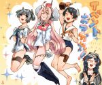  4girls :&gt; barefoot bell black_hair blue_eyes blue_one-piece_swimsuit clenched_hand closed_eyes drum_(kancolle) glasses gloves grey_hair grey_sailor_collar hair_ornament hat headgear heian_maru_(kancolle) highres i-36_(kancolle) i-41_(kancolle) kantai_collection long_hair multiple_girls neck_bell neckerchief oeoeuhoho one-piece_swimsuit one_eye_closed open_mouth pink_hair round_eyewear sailor_collar short_hair short_sleeves short_twintails simple_background smile sparkle star_(symbol) star_hair_ornament swimsuit swimsuit_under_clothes thigh_strap twintails very_long_hair w white_gloves white_sailor_collar 