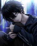  1boy barefoot black_hair black_pants blue_jacket cigarette closed_mouth curtains grey_eyes highres holding holding_cigarette imai_akira jacket long_sleeves looking_at_viewer male_focus original pants sitting smoke smoking solo track_jacket track_pants upper_body 