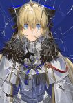 1girl absurdres ahoge armor armored_dress black_bow blonde_hair blue_background blue_ribbon bow breastplate broken_glass cape crying crying_with_eyes_open english_commentary fate/grand_order fate_(series) fur-trimmed_cape fur_trim glass gold_trim hair_between_eyes hair_bow high_ponytail highres long_hair looking_at_viewer parted_lips ponytail ribbon shattered simple_background single_tear solo spiked_armor striped_ribbon tears tonelico_(fate) tonelico_(second_ascension)_(fate) two-sided_bow upper_body white_cape wide-eyed yoru_yoru13 