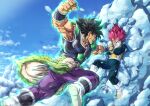  2boys absurdres angry arm_up armor battle biceps black_hair blocking blue_bodysuit blue_sky bodysuit boots bracer broly_(dragon_ball_super) cape charging_forward clenched_teeth cloud commentary_request day dragon_ball dragon_ball_super dragon_ball_super_broly full_body fur_cape gloves green_cape hands_up highres ice looking_at_another male_focus mocky_art multiple_boys muscular muscular_male open_mouth outdoors pants pectoral_cleavage pectorals profile punching purple_pants raised_fist red_eyes red_hair saiyan_armor sky spiked_hair super_saiyan super_saiyan_god teeth v-shaped_eyebrows vegeta waist_cape white_footwear white_gloves 