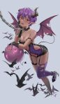  1girl :d absurdres arm_belt back_cutout bare_shoulders breasts chain cleavage clothing_cutout collar dark_skin demon_girl demon_horns demon_tail demon_wings fang garter_straps highres horns leash leotard looking_at_viewer medium_breasts open_mouth original purple_hair purple_leotard purple_thighhighs red_eyes shoes short_hair single_thighhigh smile solo stomach_cutout stomach_tattoo strapless strapless_leotard tail tattoo thighhighs torn_clothes torn_thighhighs torn_wings wings yj_(yojo_san) 