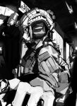  1girl american_flag apartment building door english_commentary from_side greyscale gun headphones headset helmet highres jacket military_uniform monochrome original parted_lips profile sign sirayukisiu solo sweat uniform weapon 