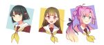  3girls :3 :d absurdres anyoji_hime black_ribbon blonde_hair blue_eyes blunt_bangs blunt_ends blush braid brown_hair center-flap_bangs closed_mouth cropped_hair cropped_head flower gradient_hair green_eyes green_hair hair_flower hair_intakes hair_ornament hair_ribbon hasu_no_sora_school_uniform highres jacket kachimachi_kosuzu light_frown link!_like!_love_live! long_hair looking_at_viewer loose_hair_strand love_live! momose_ginko multi-tied_hair multicolored_hair multiple_girls neckerchief open_mouth pink_eyes pink_hair pink_jacket ponytail ribbon sailor_collar sankin_(_sankin510) school_uniform short_hair side_braids sidelocks smile square straight_hair striped_ribbon teeth upper_teeth_only v-shaped_eyebrows virtual_youtuber white_background white_sailor_collar winter_uniform yellow_neckerchief 