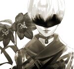  1boy 9s_(nier:automata) blindfold collar commentary_request flower greyscale jacket kiyohara_hiro lily_(flower) male_focus monochrome nier:automata nier_(series) portrait solo 