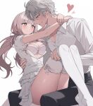  1boy 1girl arm_around_neck bare_arms blunt_bangs blush bow bow_bra bra breasts brown_eyes brown_hair buttons cleavage closed_mouth collared_shirt couple curly_hair eyelashes feet_out_of_frame frilled_shirt frilled_skirt frilled_sleeves frills grey_eyes grey_hair hair_ribbon heart highres knees_up large_breasts leg_hold legs_together lifting_person long_hair long_sleeves looking_at_another low_twintails lvemhrd no_shoes open_clothes open_shirt original parted_lips partially_unbuttoned pink_bra pink_ribbon pleated_skirt ribbon shirt short_hair short_sleeves simple_background sitting skindentation skirt smile sweatdrop thighhighs thighs twintails underwear white_background white_shirt white_skirt white_thighhighs 