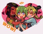  armband artist_name black_hair blue_eyes blue_jacket blue_overalls braid braided_ponytail brown_hair closed_eyes commentary dark-skinned_female dark_skin double_bun dreadlocks english_commentary ermes_costello facial_tattoo foo_fighters_(jojo) green_hair green_lips green_nails hair_bun heart highres hug huyandere jacket jojo_no_kimyou_na_bouken kujo_jolyne multicolored_hair overalls own_hands_together polka_dot polka_dot_background signature single_braid sleeveless sleeveless_turtleneck stone_ocean tattoo turtleneck two-tone_hair 