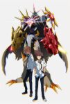  2boys armor bad_id bad_pixiv_id black_footwear black_necktie black_pants blue_eyes brown_eyes brown_hair cape chest_jewel closed_mouth copyright_name digimon digimon_(creature) digimon_adventure digimon_adventure_tri. full_body glint glowing hands_in_pockets horns ishida_yamato light_frown looking_at_viewer loose_necktie male_focus matsu-jun multiple_boys necktie omegamon_alter-s pants school_uniform shield shirt short_hair short_sleeves simple_background standing tall_hair weapon white_background white_footwear white_shirt yagami_taichi 