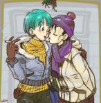  2girls aqua_hair black_hair blush bulma chi-chi_(dragon_ball) christmas cigarette closed_eyes dragon_ball dragon_ball_z glay happy imminent_kiss lipstick makeup multiple_girls one_eye_closed short_hair yuri 