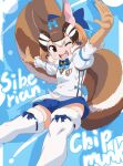  1girl animal_ears blue_background brown_eyes brown_hair chipmunk_ears chipmunk_girl chipmunk_tail elbow_gloves extra_ears gloves highres kemono_friends kemono_friends_v_project looking_at_viewer microphone one_eye_closed ribbon shirt short_hair shorts siberian_chipmunk_(kemono_friends) simple_background solo tail thighhighs vest virtual_youtuber yamaguchi_yoshimi 