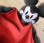big_breasts black_body black_eyes black_fur breasts clothing disney fur male mammal meme mickey_mouse mouse murid murine muscular muscular_male pecs red_clothing rjquaty rodent smile solo white_face
