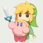 alien blonde_hair blue_eyes blush carrying_another clothing crossover duo elf hair hat headgear headwear holding_object holding_sword holding_weapon humanoid humanoid_pointy_ears hylian kirby kirby_(series) light_body light_skin male melee_weapon nintendo not_furry pink_body signature simple_background smile sword the_legend_of_zelda toon_link waddling_head weapon wind_waker wusagi2