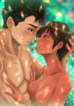  1boy 1girl absurdres berserk black_hair blurry blurry_background breasts brown_eyes brown_hair casca_(berserk) collarbone commentary completely_nude couple dark-skinned_female dark_skin day eye_contact face-to-face foliage green_background guts_(berserk) hand_on_another&#039;s_arm hand_on_another&#039;s_chest hand_on_another&#039;s_head height_difference hetero highres imminent_kiss light_particles looking_at_another medium_breasts muscular muscular_male nipples nude outdoors parted_lips scratches short_hair tomboy uriens very_short_hair 