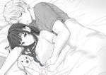  1boy 1girl bed blue_eyes blush carrot_(robosquat) commentary_request couple hetero hug hug_from_behind long_hair looking_at_another monochrome original shirt spot_color stuffed_animal stuffed_toy t-shirt under_covers 