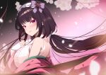 1girl absurdres black_hair chaldea_uniform cherry_blossoms cloak fate/grand_order fate_(series) hairband hand_on_own_chest highres hood japanese_clothes kimono looking_at_viewer low_twintails origami_aya osakabehime_(fate) pink_cloak pink_eyes pink_scarf scarf smile solo string stylus twintails 