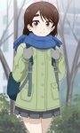  1girl backpack bag bare_tree blue_scarf brown_eyes brown_hair coat day gloves green_coat grey_gloves hananoi-kun_to_koi_no_yamai hinase_hotaru looking_at_viewer onomekaman outdoors pocket scarf short_hair solo standing thick_eyebrows tree 