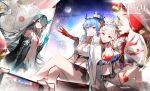  3girls absurdres aerial_fireworks arknights black_hair black_jacket black_shorts blue_eyes blue_hair blue_skin chinese_commentary colored_skin commentary_request copyright_name dragon_horns dragon_tail dress dusk_(arknights) earrings fireworks full_moon grey_eyes hair_over_one_eye hand_fan happy_new_year highres holding holding_fan holding_phone horns jacket jewelry ling_(arknights) long_hair luan_teng midriff moon multicolored_hair multiple_girls navel necktie nian_(arknights) open_clothes open_jacket parted_lips phone pointy_ears ponytail red_eyes red_hair red_necktie red_skin red_tube_top shirt shorts siblings sidelocks sisters sky sleeveless sleeveless_dress smile sparkle star_(sky) starry_sky strapless streaked_hair tail taking_picture tassel teeth tube_top upper_teeth_only v white_dress white_hair white_jacket white_shirt white_shorts yellow_necktie 