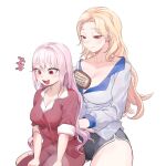  2girls :d alice_(nikke) blonde_hair blush breasts brushing_hair cleavage goddess_of_victory:_nikke hair_brush highres korean_commentary long_hair ludmilla_(nikke) multiple_girls oung69 pink_eyes pink_hair red_eyes shorts simple_background sitting smile white_background 