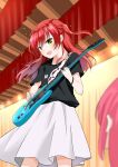  2girls :d absurdres bangs black_shirt blush bocchi_the_rock! commentary_request electric_guitar gotou_hitori green_eyes guitar hair_between_eyes highres holding holding_instrument indoors instrument kita_ikuyo kousaka_nobaku long_hair multiple_girls one_side_up pink_hair red_hair shirt short_sleeves skirt smile solo_focus sweat v-shaped_eyebrows white_skirt 