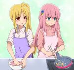  2girls ahoge apron blonde_hair bocchi_the_rock! bowl chips_(food) chopsticks collared_shirt commentary_request cooking cube_hair_ornament detached_ahoge dual_wielding food frying_pan gotoh_hitori gotoh_hitori_(octopus) green_eyes hair_between_eyes hair_ornament highres holding holding_chopsticks holding_frying_pan ijichi_nijika jacket kitchen long_hair long_sleeves looking_at_another multiple_girls one_side_up orange_eyes pink_apron pink_hair pink_jacket purple_apron shirt side_ponytail sidelocks simple_background sleeves_rolled_up stove suwaneko sweatdrop tortilla track_jacket white_shirt 